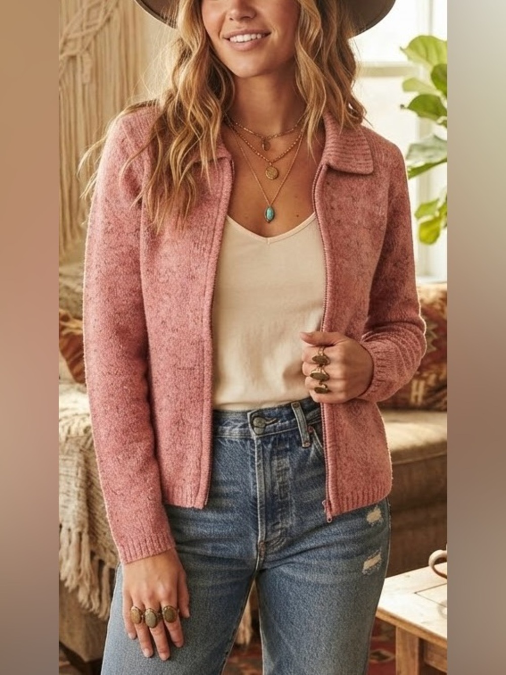 Mountain Lake Pink Zip Up Collared Melange Knit Sweater Cardigan Medium